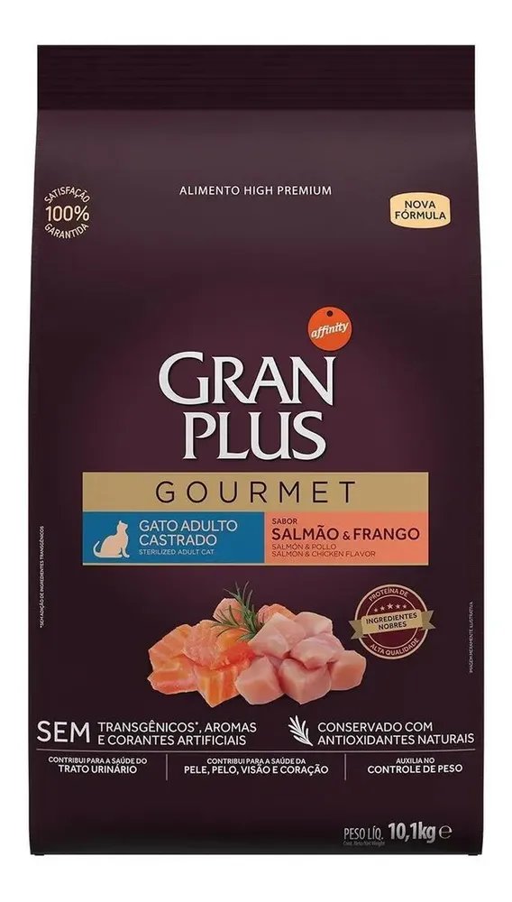 Alimento Gran Plus Gourmet para gato adulto Castrado sabor salmão e frango de 10.1 kg
