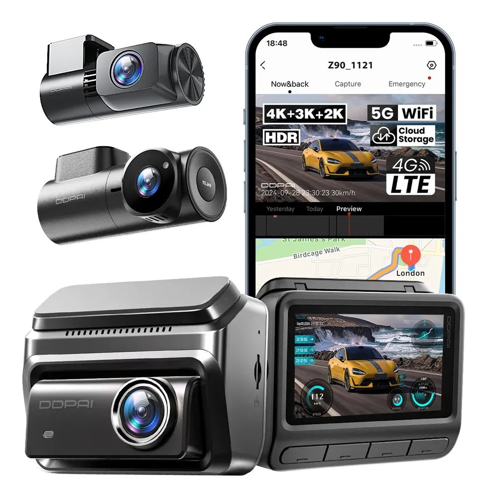 Câmera Veicular Ddpai Z90 4k Hdr Visão Noturna 2.0 Gps App Z90 3 Canais-três Câmeras