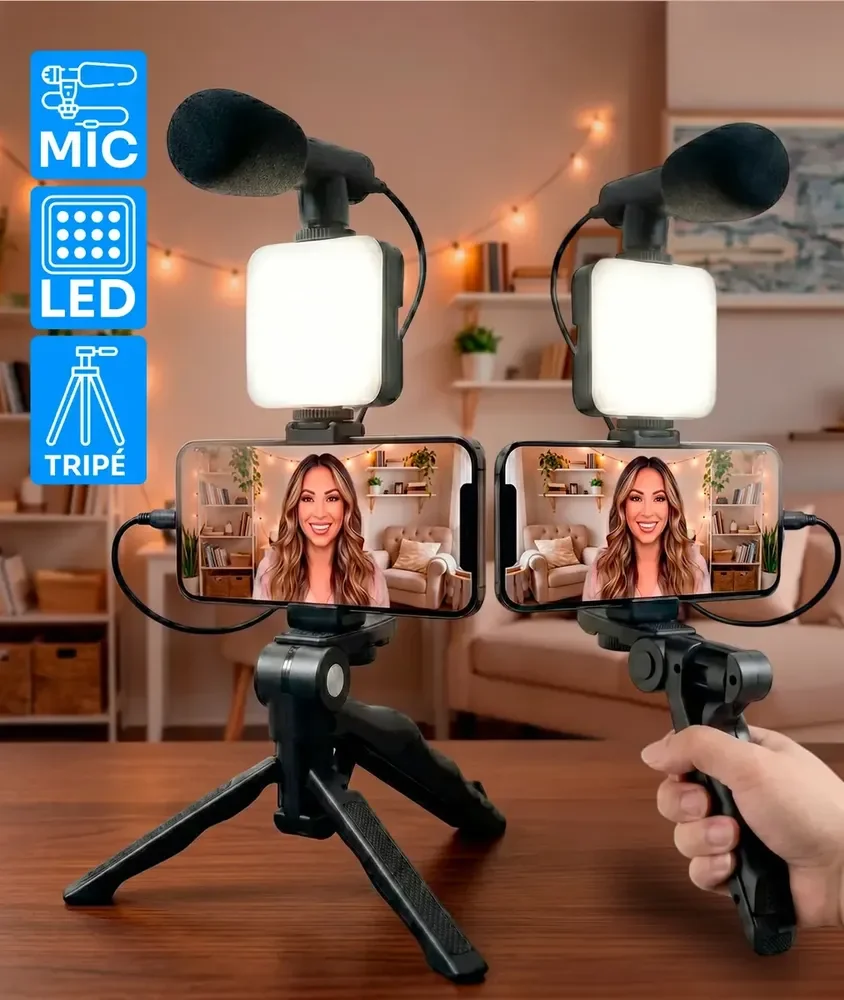 Kit de Gravação Youtuber Tiktoker Video Maker Estabilizador Com Microfone Tripé Led 