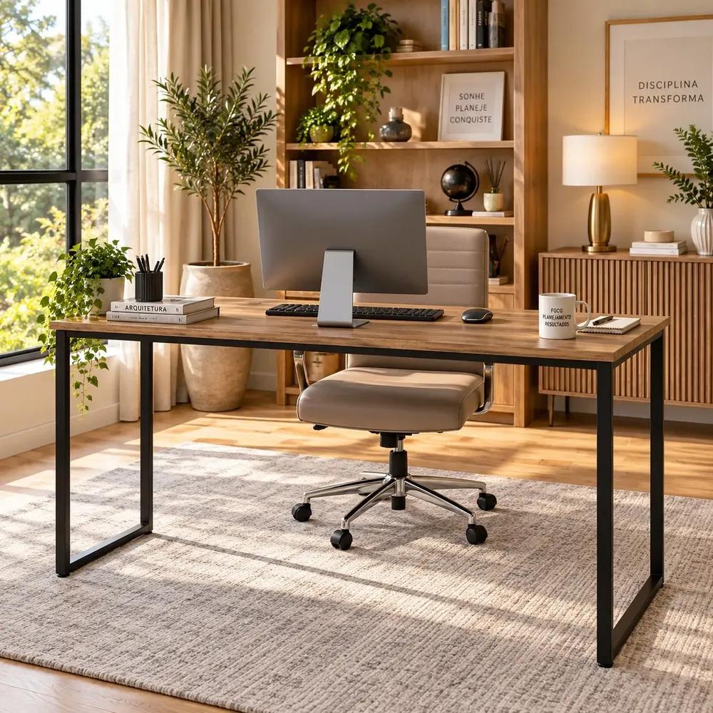 Mesa Escritório 150x60 Estrutura Ferro Reforçado Home Office Lâmina Com Preto