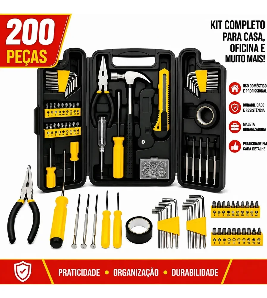 Kit Maleta Jogo Ferramentas Completa 200 Peças Aço Chaves Preto