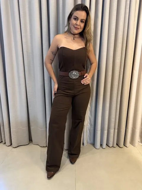 Macacão Jeans Feminino Wide Leg Com Elastano Bárbara