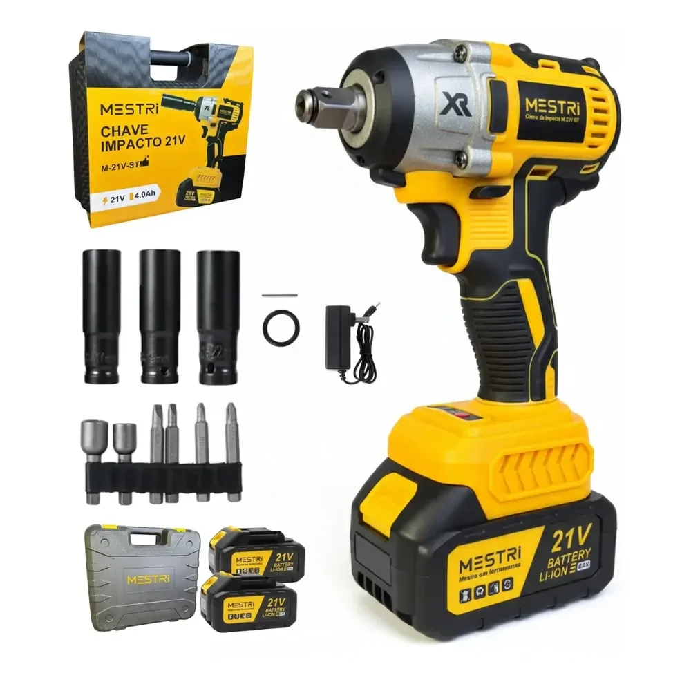 Chave De Impacto A Bateria Profissional Recarregável 4ah Brushless Parafusadeira Furadeira Alta Potência Sem Escova 2 Baterias Mestri Amarelo E Preto 127/220v