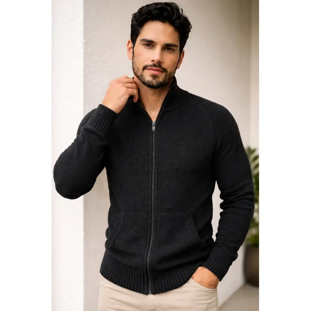 Jaqueta Tricô Suéter Masculina Gola Alta Inverno Com Ziper Preto