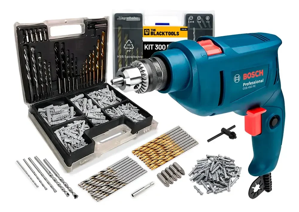Furadeira De Impacto Bosch GSB 450 RE 450W 10mm Com Brocas e Buchas