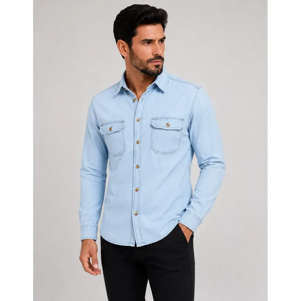 Camisa Jeans Masculina Social Slim Manga Longa Jeans Claro P