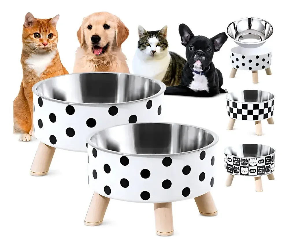 2 Comedouro Bebedor Inox Elevado Ração Agua Cachorro Gato Manual Bolinhas