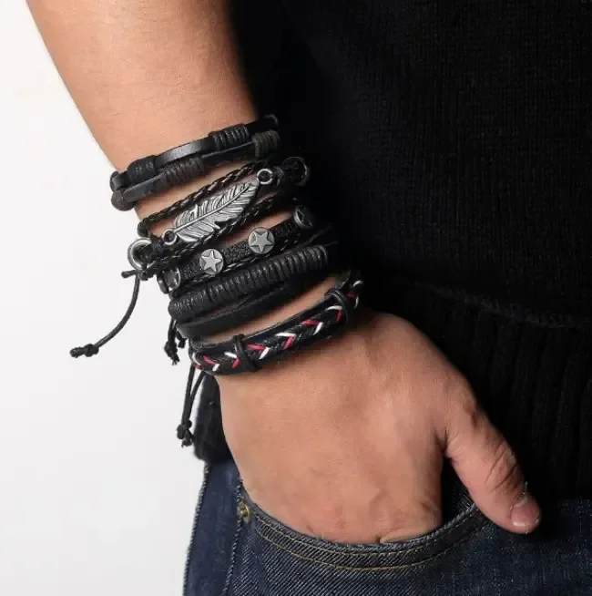 Pulseiras Masculinas Couro Kit Pulseira Preta Para Homem Preto