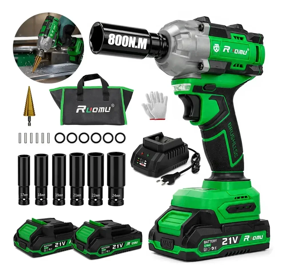Chave De Impacto 800 N·m Brushless 1/2" 21v 2 Bateria furadeira de impacto