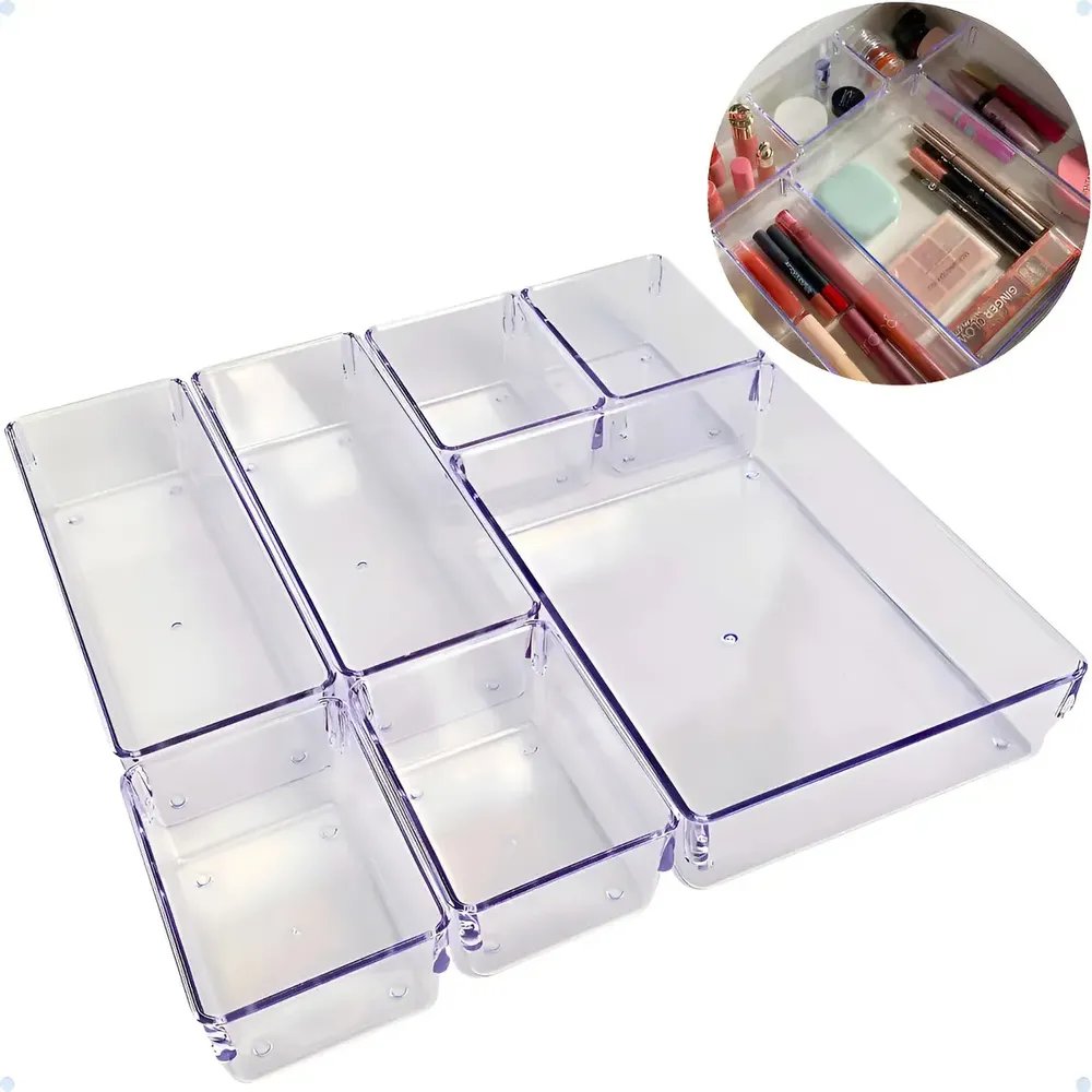 Kit 7 Organizador Acrílico Gaveta Modular Multiuso Maquiagem Transparente