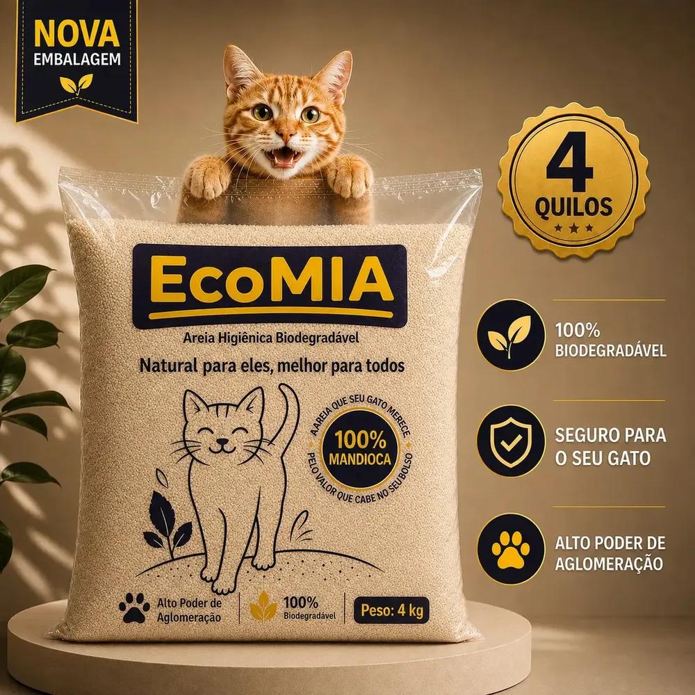 Areia Higienica Sanitaria Para gatos 4kg Biodegradavel EcoMia 100% Natural Sustentavel Sem Levantar Poeira Zero Odor Graos Finos Torroes Firmes Feita de Mandioca