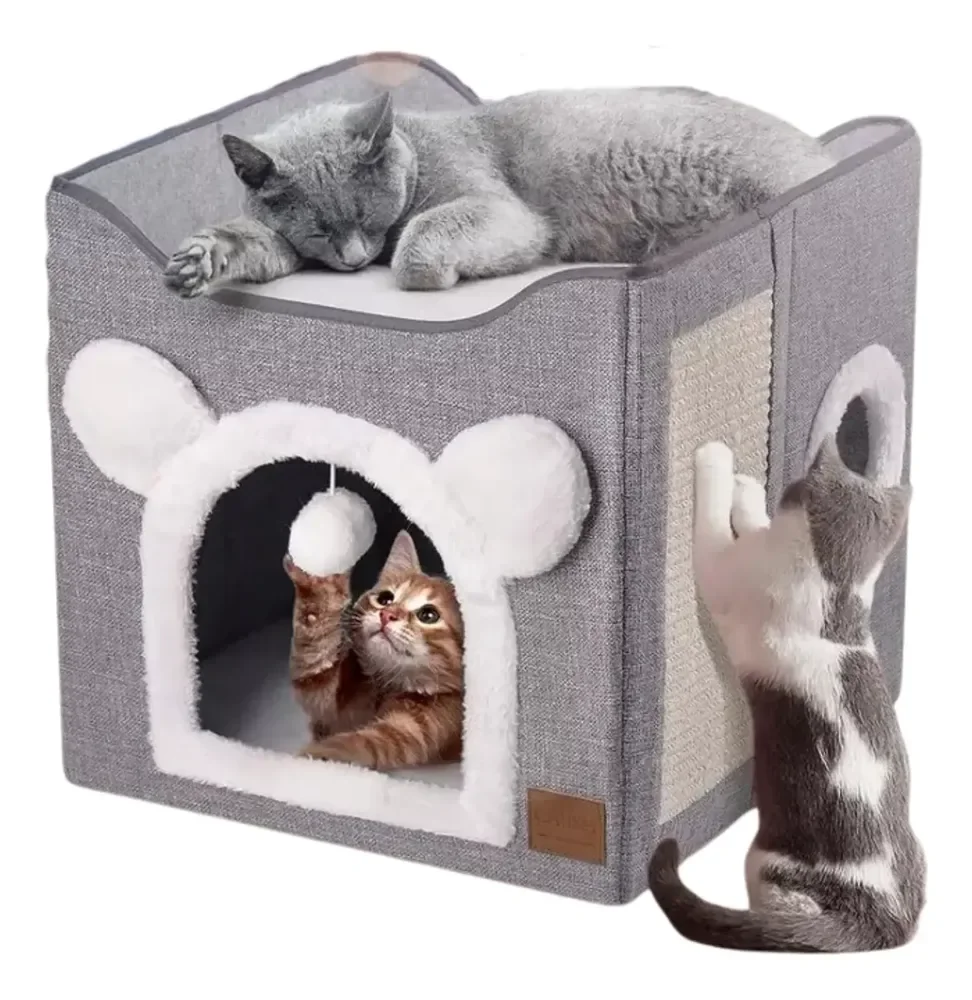 Casa Gato Nicho Mdf 2 Andares Dobrável Compacta Brinquedo Cinza