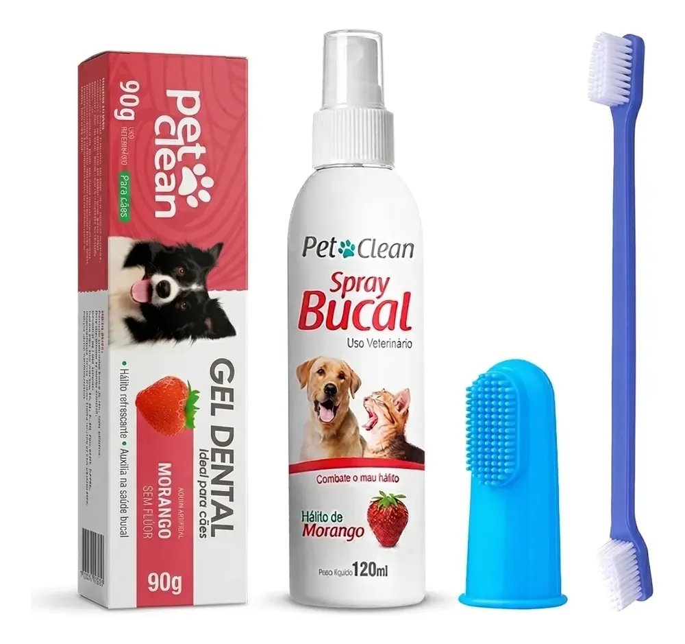 Escova Dente Gel Dental Spray Kit Higiene Bucal Pet Pra Caes Morango