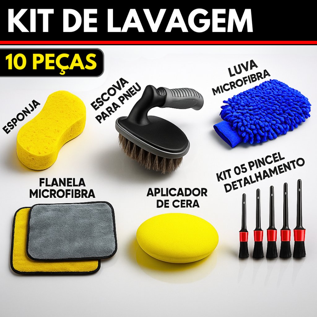 Kit 10 Peças Lavagem Automotiva Esponja + Escova de Pneu + Flanela + Aplicador de Cera + Luva Microfibra + Kit Pincel