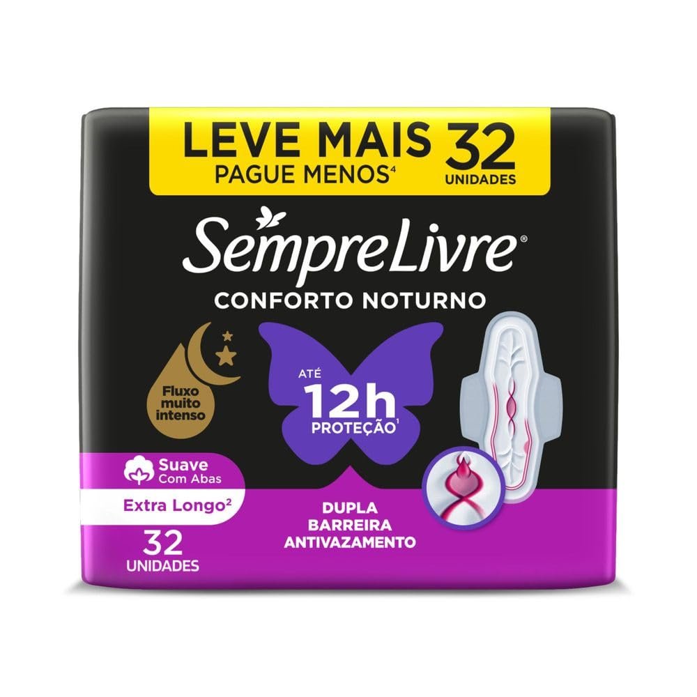 Absorvente Noturno com Abas Sempre Livre, Cobertura Suave, 32 Unidades
