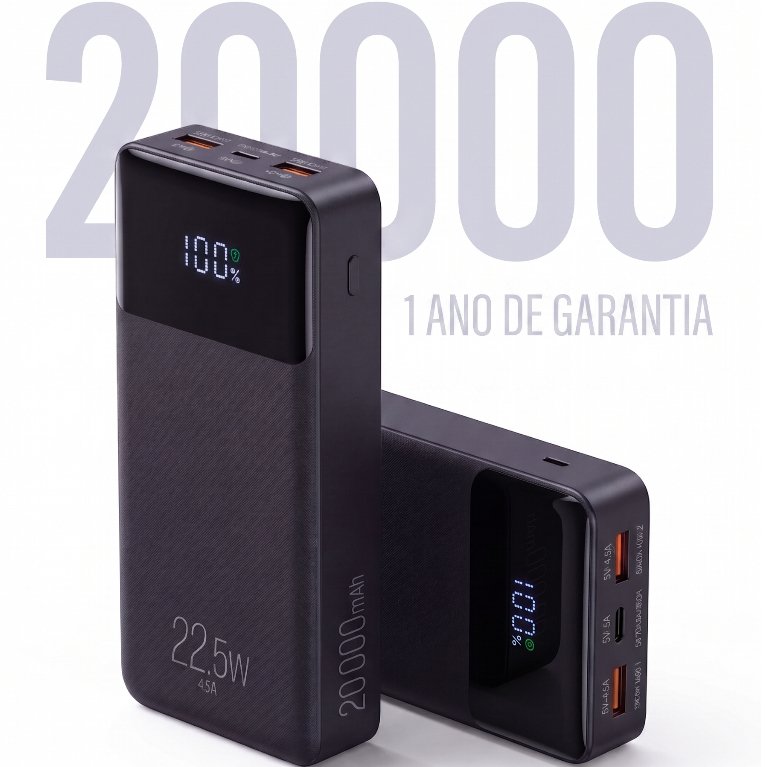 Power Bank Carregador Portátil Pro 20000mAH ELG PB200BK, Bateria Portátil Universal, Carga Rápida, Display Indicador