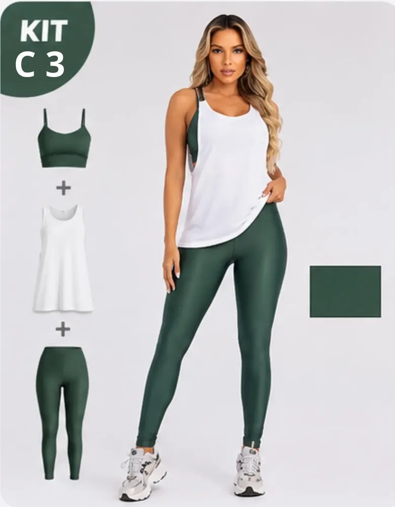 Conjunto Fitness Top Legging E Regatão Feminino Academia Verde Militar M