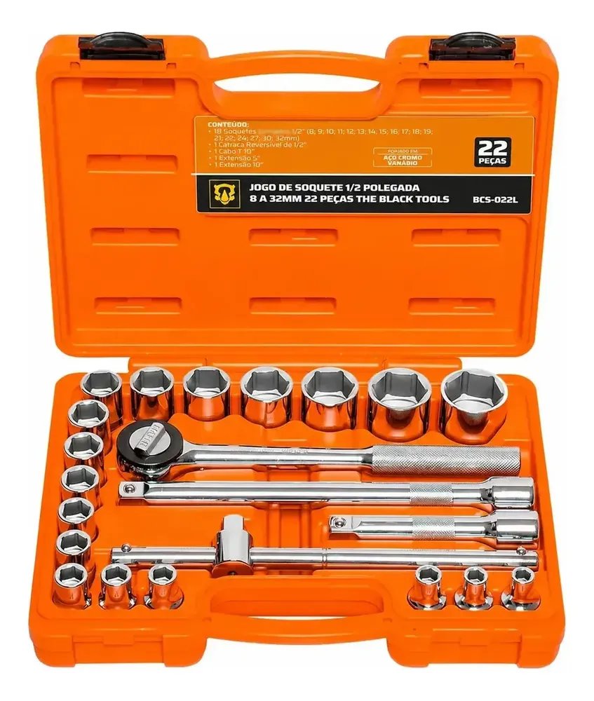 Jogo Kit de Ferramentas Manuais Chave Catraca 1/2 8 a 32mm Cromo Vanádio BCS022L The Black Tools
