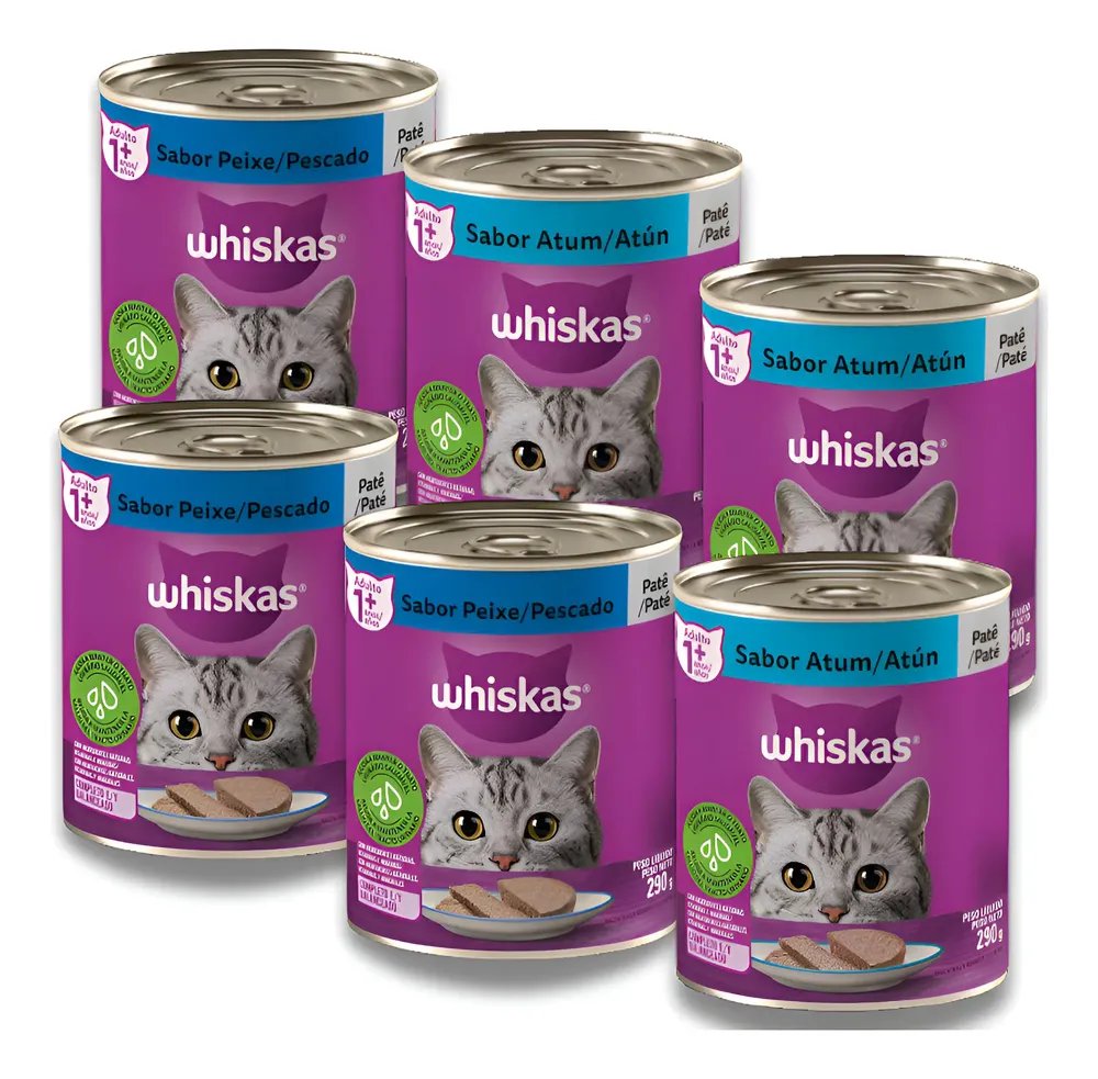 Whiskas Sachê Ração Gatos Pack 6 Latas Patê Atum Peixe 290g