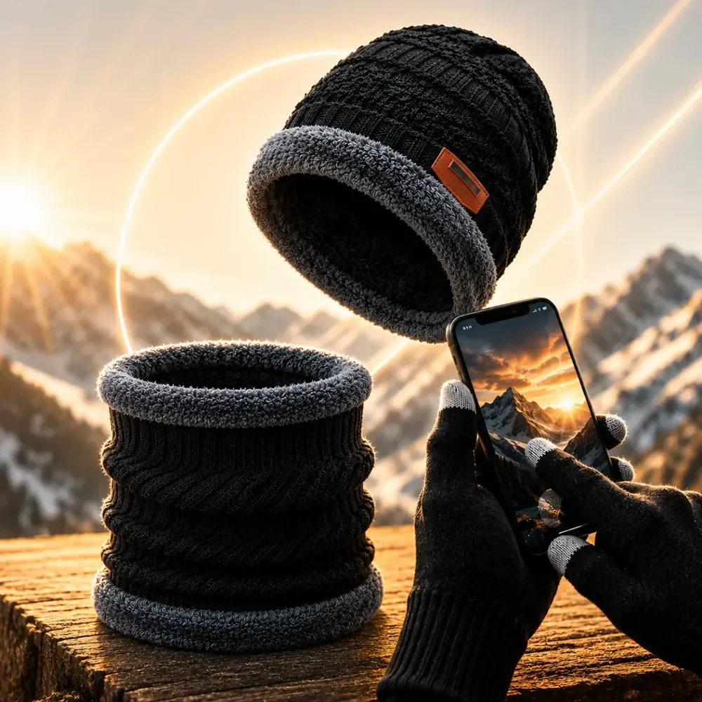 Kit Touca Gorro Cachecol Luva Touch Inverno Frio Masculino Preto Un Liso