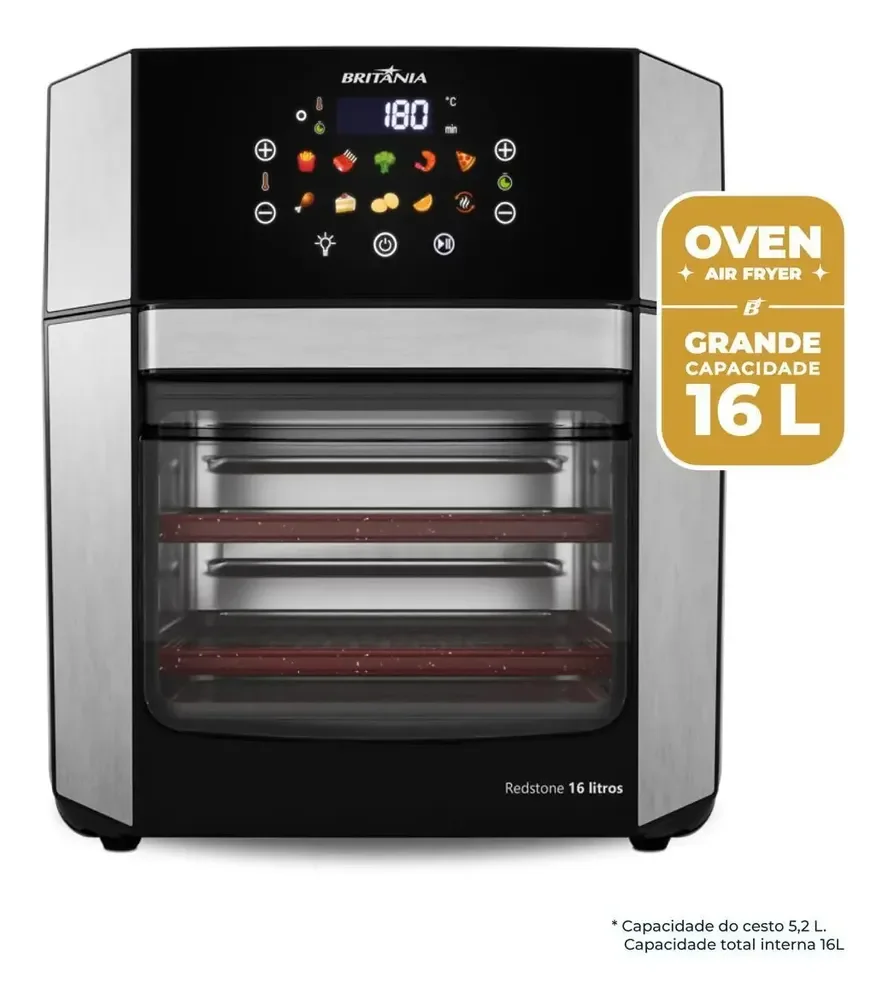 Air Fryer Oven Britânia 16L 4 Em 1 com 10 Funções Painel Digital Redstone BAF16A