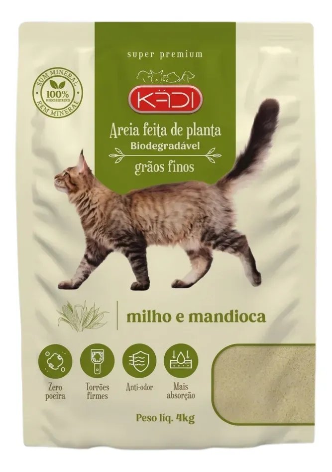 Kit Areia Higiênica Gatos Mandioca Kadi 8kg Grãos Finos