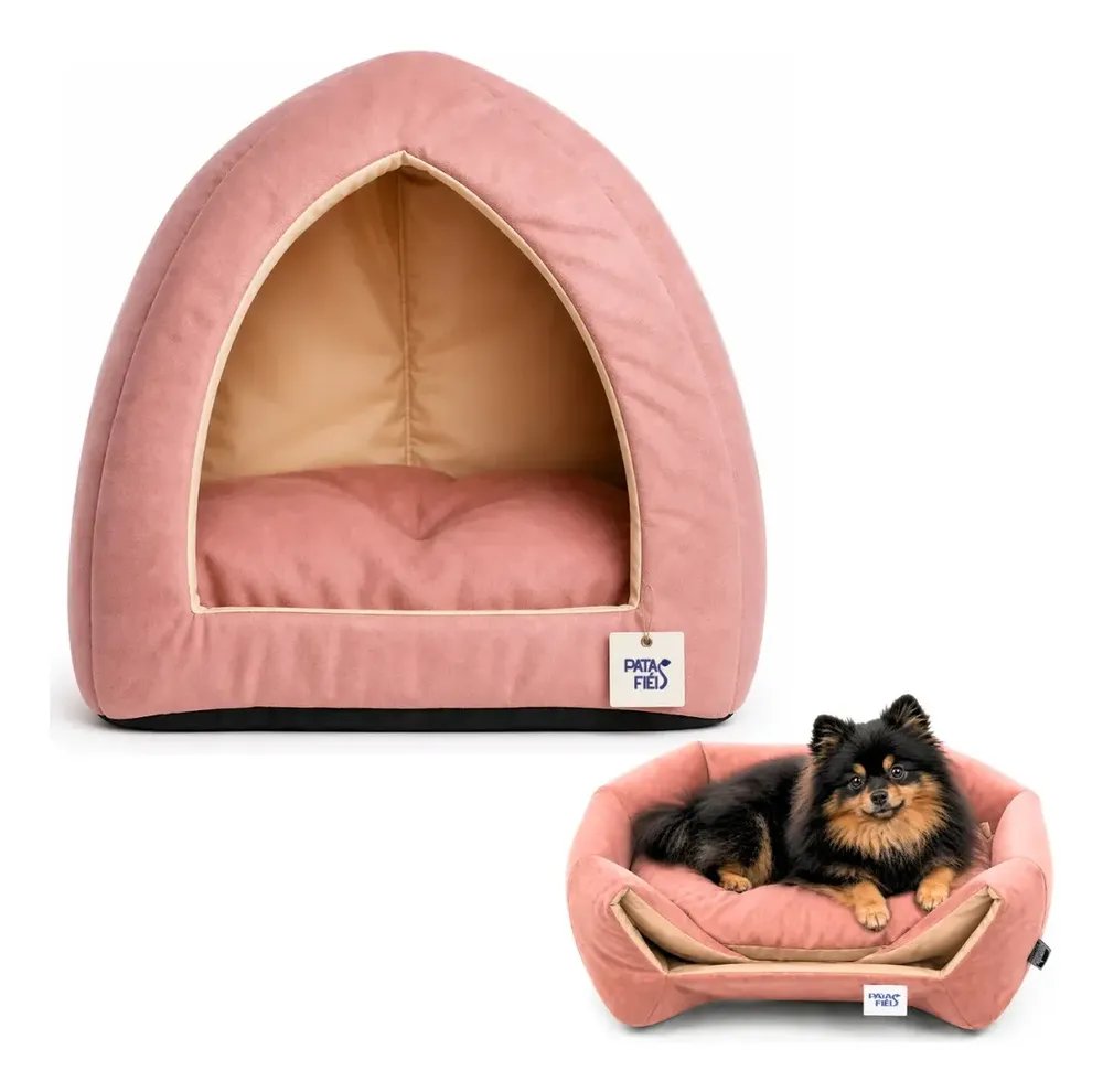 Caminha Casinha Cachorros Pet Toca Iglu 2 em 1 Inverno Suede Confortável - Patas Fiéis Rosa E Bege Liso