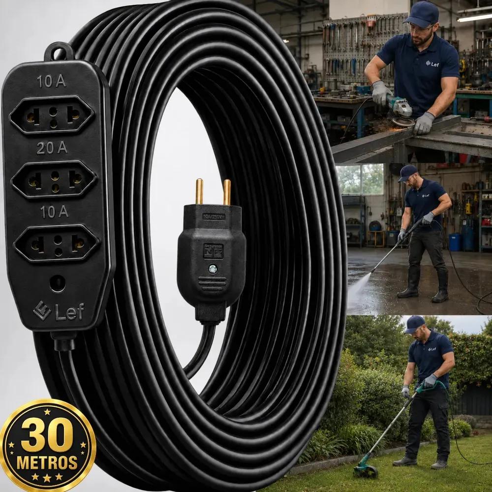 Extensão 30metros Cabo Pp Reforçada Obra Profissional 10A/20A Preto Two Lef
