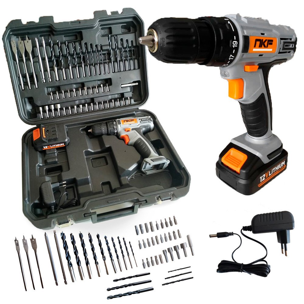 Parafusadeira Furadeira a Bateria 12V FP12X NKF Com Maleta Bateria Brocas e 50 Acessórios FP12X NKF