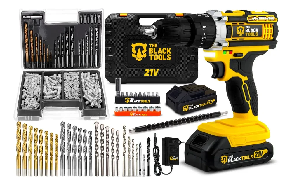 Parafusadeira Furadeira De Impacto Profissional 21v Tb21pw Com Kit Brocas E Buchas 300 Peças The Black Tools