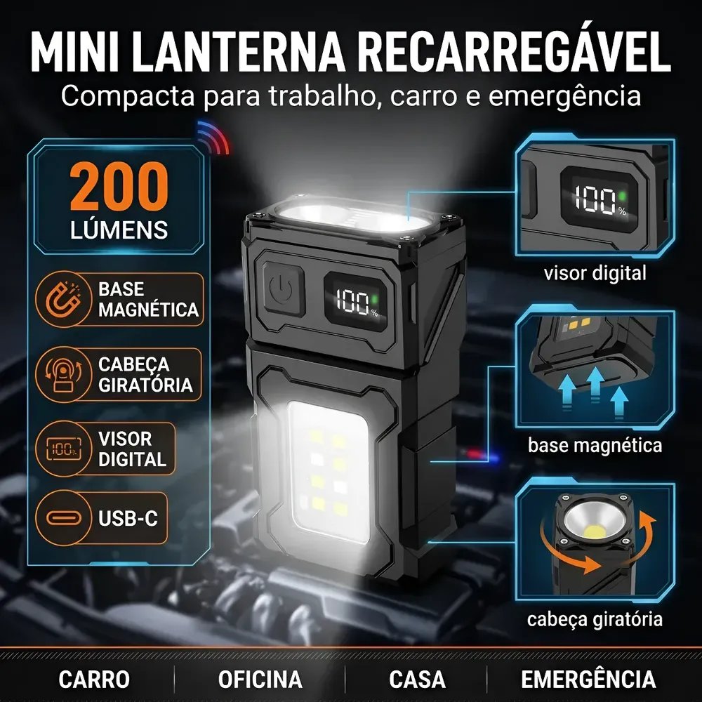 Lanterna Recarregável Portátil Com Clipe E Ímã Visor Digital Branco Preto