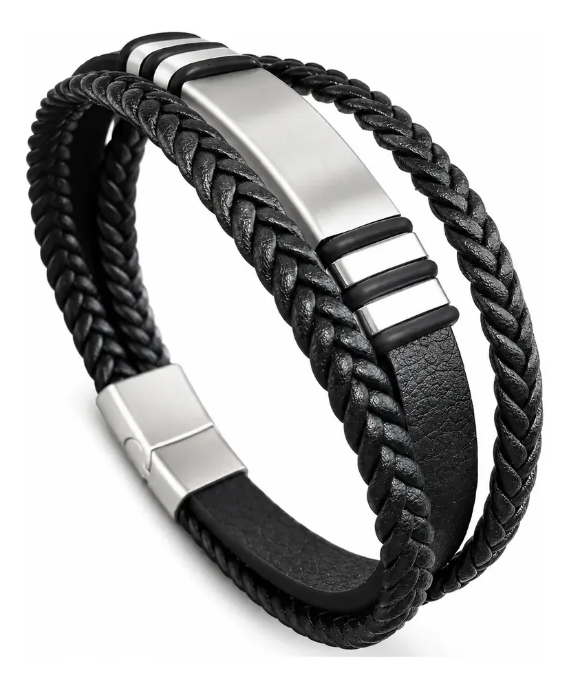 Pulseira Masculina De Couro Trancada Legítimo Aço Escovado Preto 21 Cm