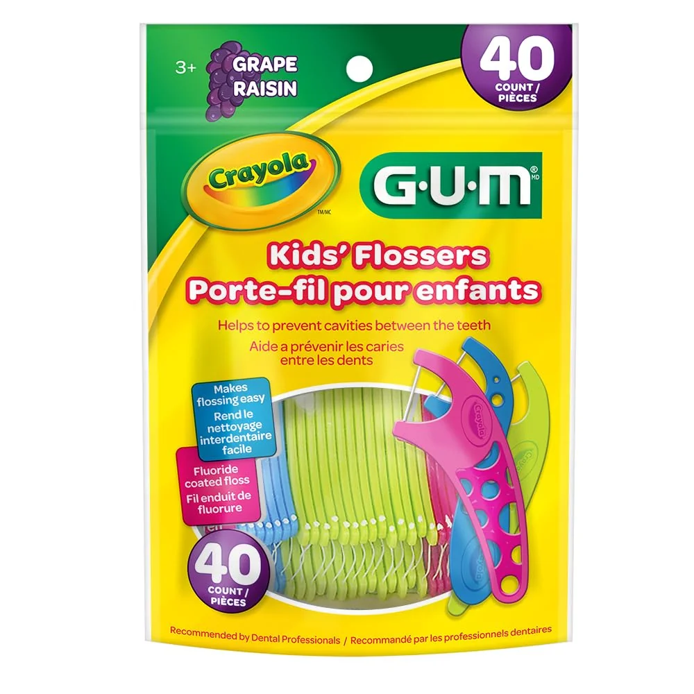 Flosser GUM Crayola, Fio Dental Infantil com haste, Sabor Uva, 40 unid.