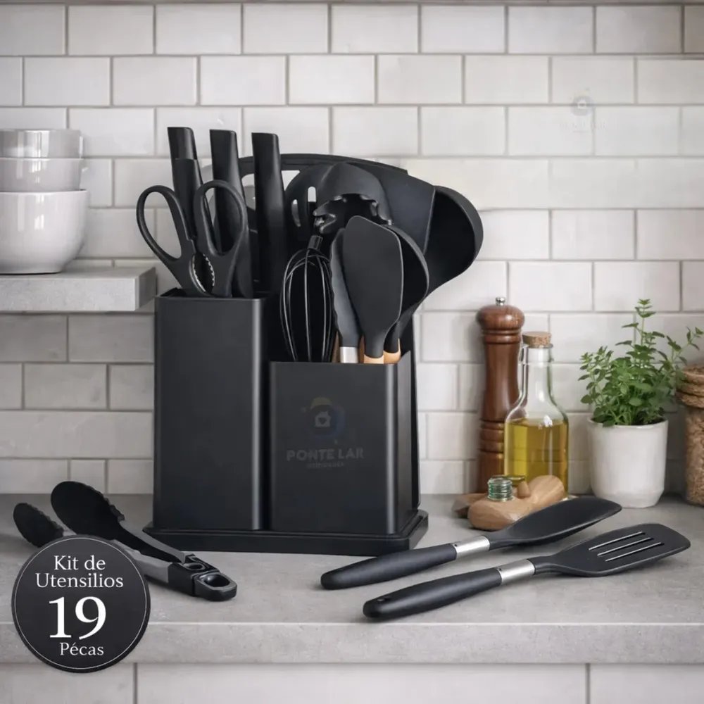 Kit 19 Utensílios De Cozinha Em Silicone Cabo De Madeira Completo Resistente Ao Calor Livre De BPA Para Panelas Antiaderentes Com Suporte Tabua De Corte Espátulas Colheres Preto Ponte Lar Utilidades