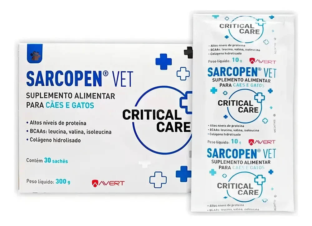 Sarcopen Vet Suplemento Cães Gatos 30 Sachês Avert Proteína BCAAs