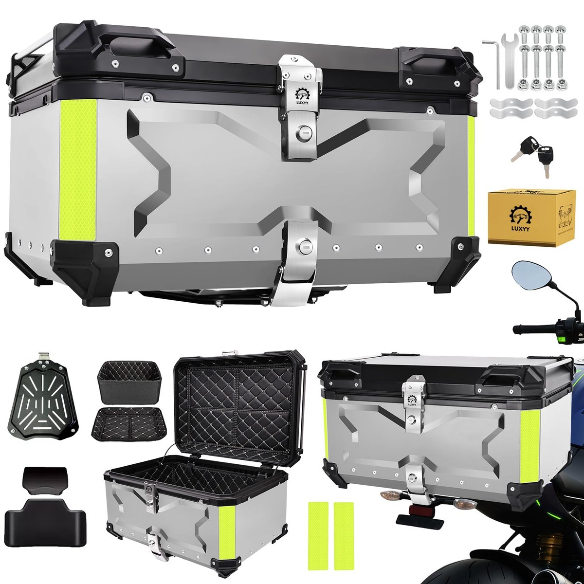 Bau para Moto de Alumínio 65 Litros- Baú Moto Bauleto Modelo Universal, Alto Volume Impermeável, trava dupla para proteção contra roubo, Prata