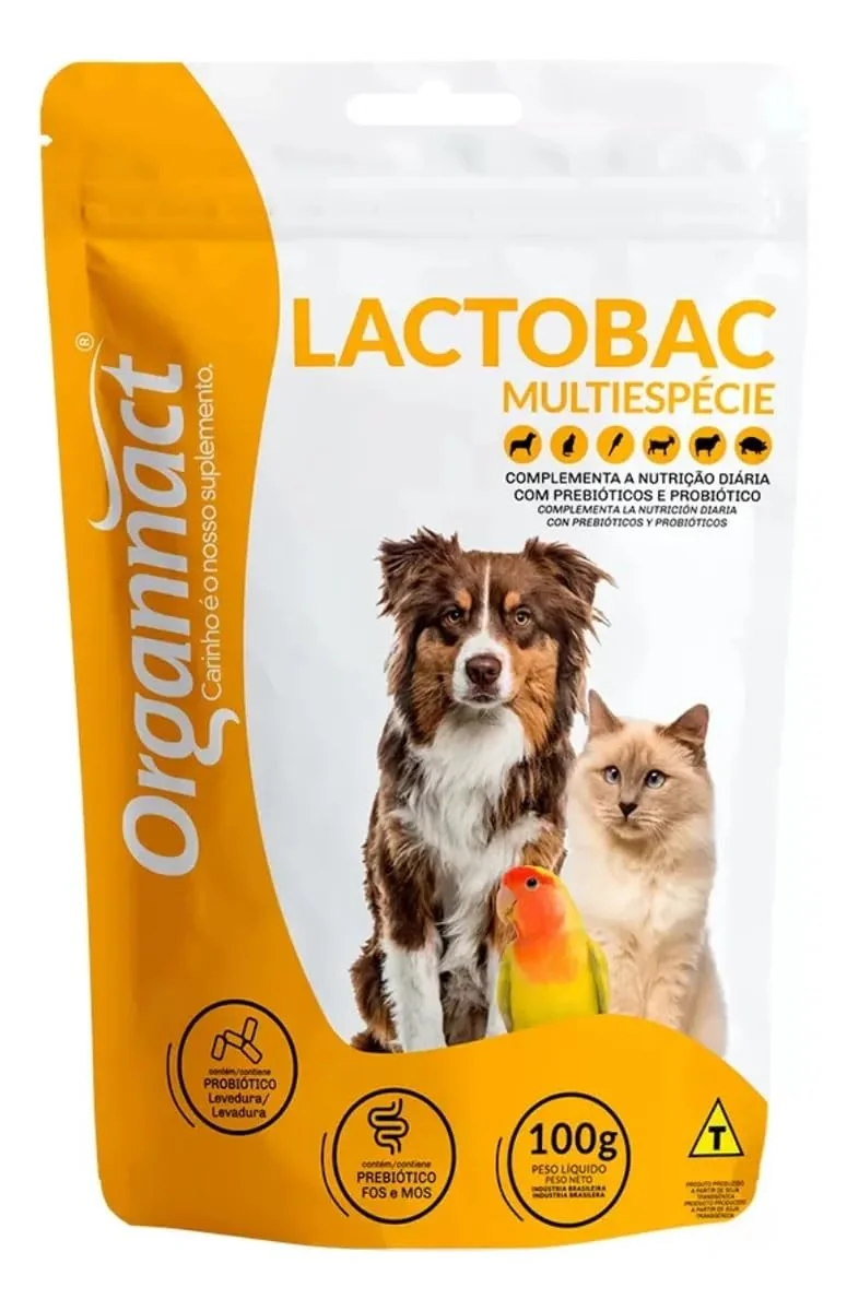 Lactobac Multiespécie, Suplemento Probiótico e Prebiótico em Pó, 100g, para Cães, Gatos e Aves.