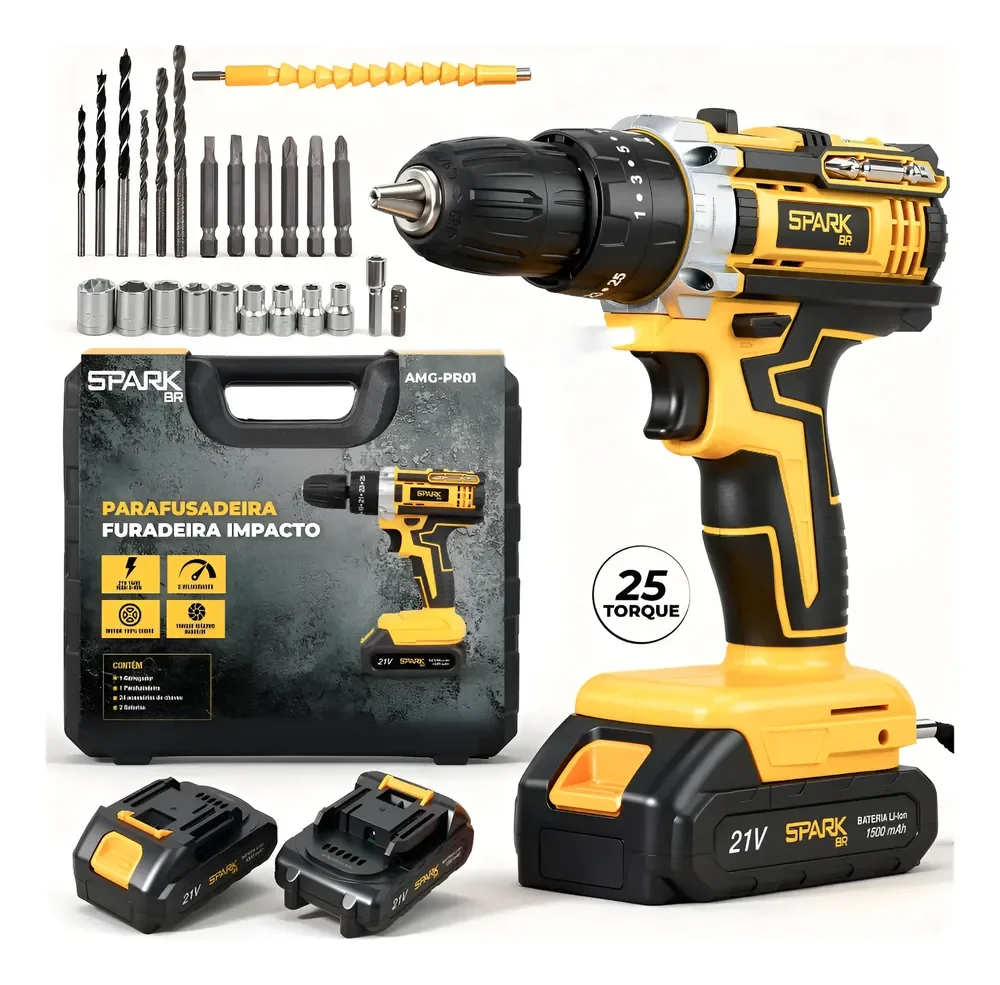 Parafusadeira Furadeira Sparkbr 21v Com 2 Baterias + Maleta Amarelo 127/220v 50/60 Hz