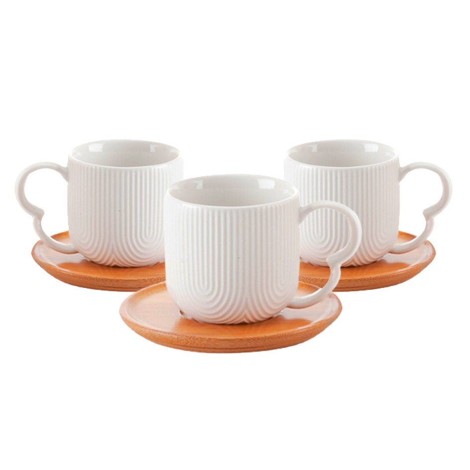 Jogo 4 Xícaras Porcelana Branco De Café Chá Com Pires de Bambu Madeira Oásis 90ml