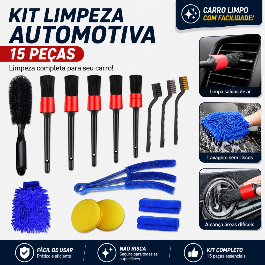 Kit 15 Peças Lavagem Automotiva Esponja + Escova + Flanela 30x40cm + Aplicador de Cera + Luva Microfibra + Pincel