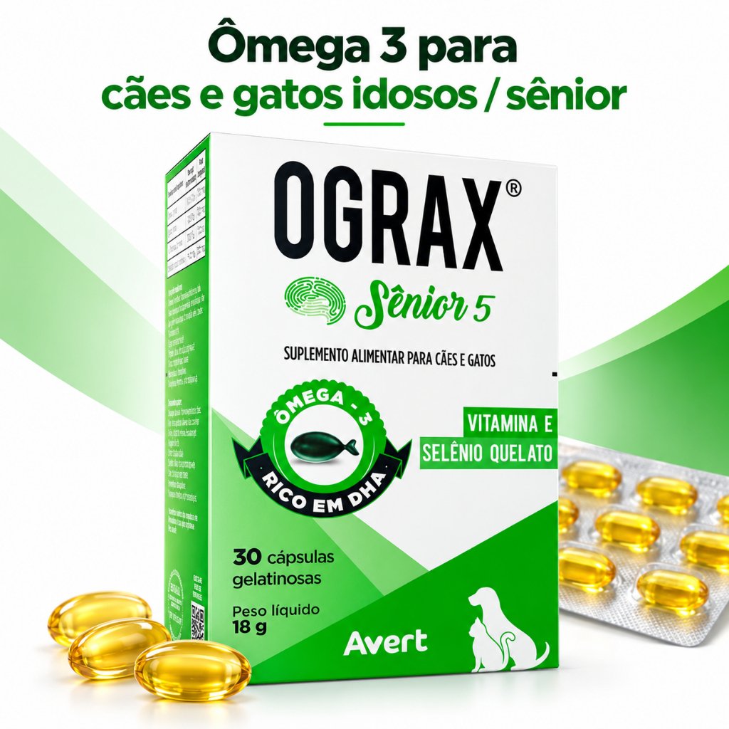 Ograx Sênior 5 Avert Ômega 3 DHA para Cães e Gatos Idosos Suplemento Alimentar Vitamina E Selênio Quelato 30 Cápsula 18g
