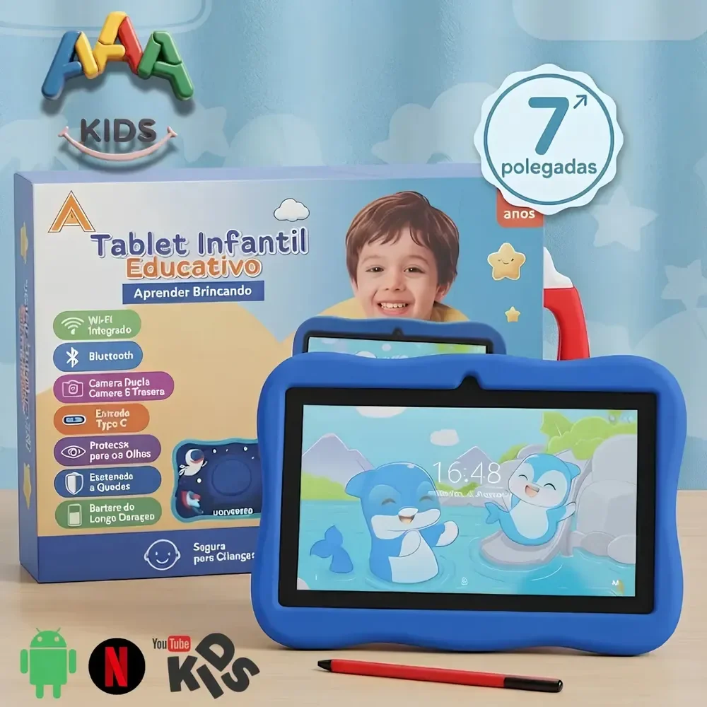 Tablet Infantil Educativo de 7" com Wi-Fi, Android 13 e Capa Astronauta Azul