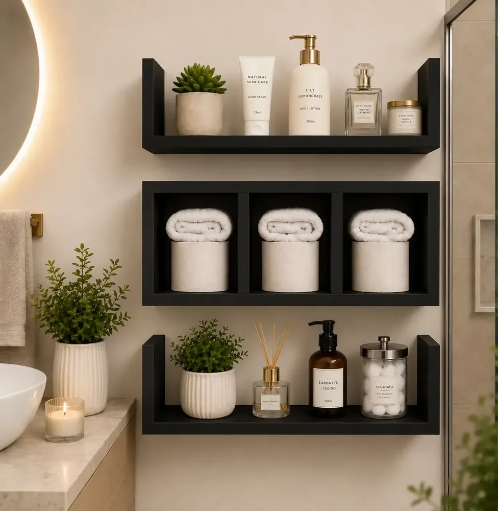 Kit Nicho Mdf Decorativo Organizador Parede Banheiro 3 Peças Preto