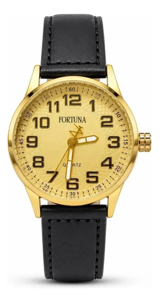 Relógio De Pulso Masculino Fortuna Old Money Minimalista Preto Cx Dourada
