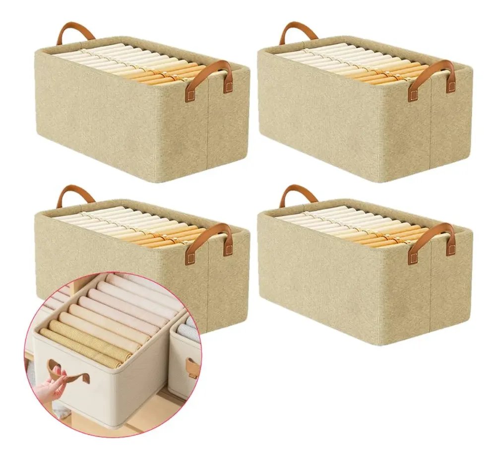 Kit 4 Cesto Caixa Organizadora Guarda Roupa Grande  Dobrável Bege