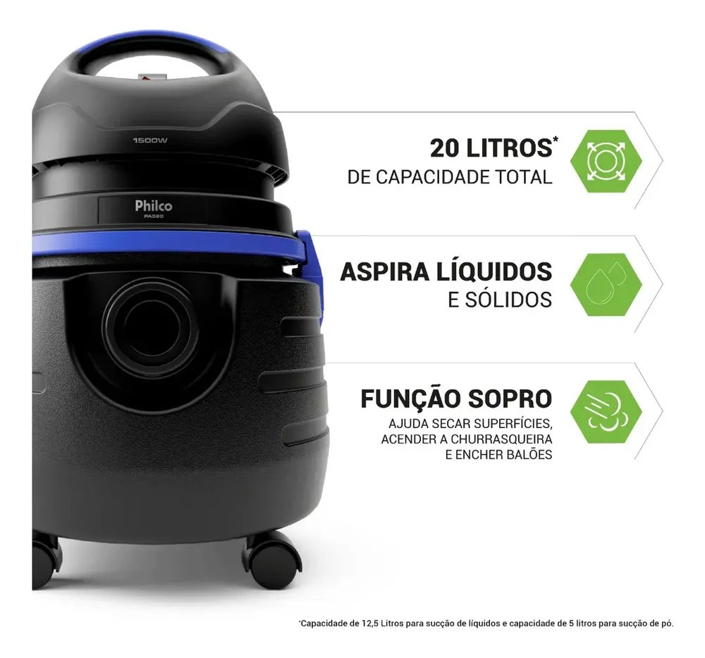 Aspirador De Água E Pó Philco 1500w 20l Pas80 Cor Preto