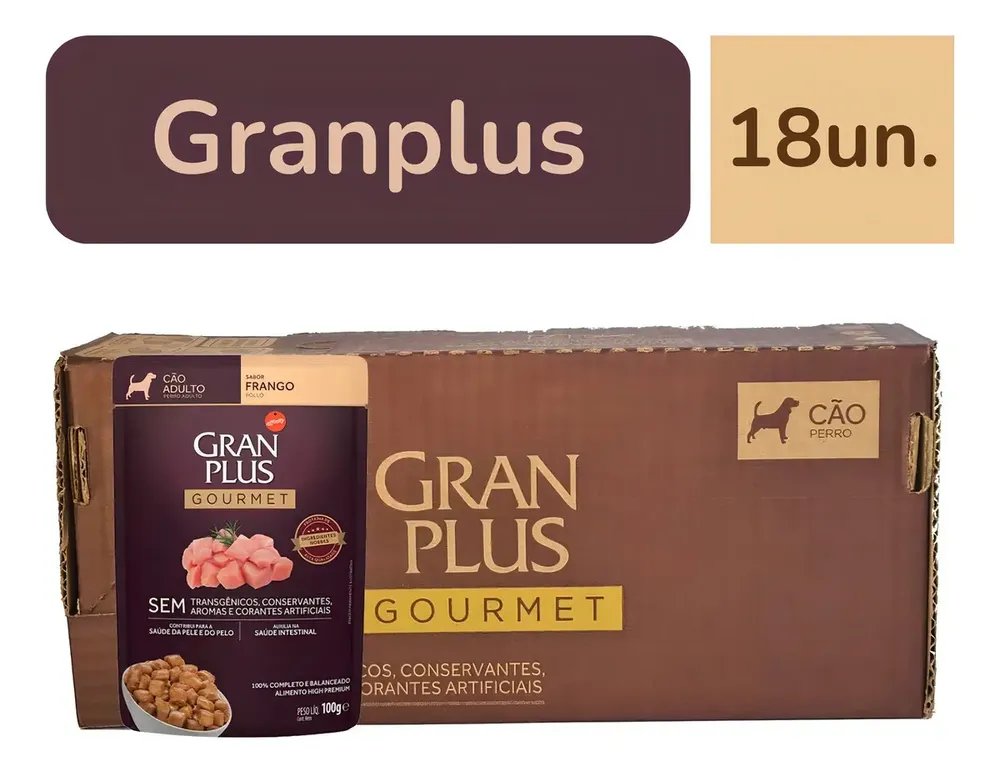Gran Plus Ração Úmida Frango Cães Adultos 18 Sachês de 100g