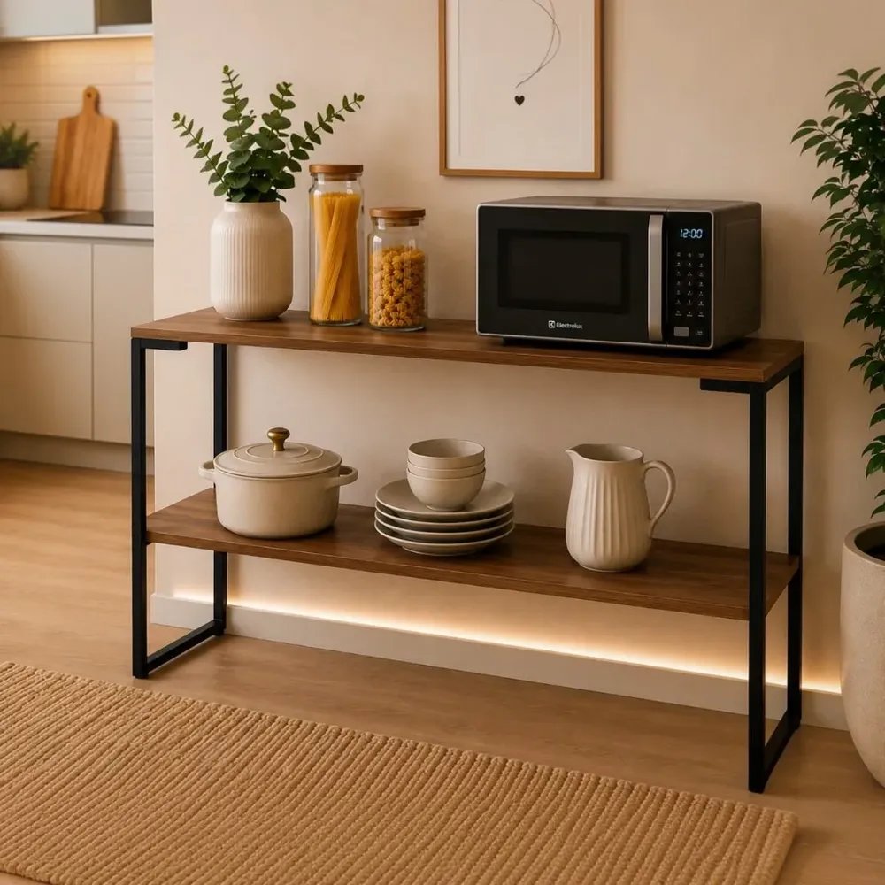 Balcão Multiuso Aparador De Cozinha Suporte Para Microondas Nature / Preto