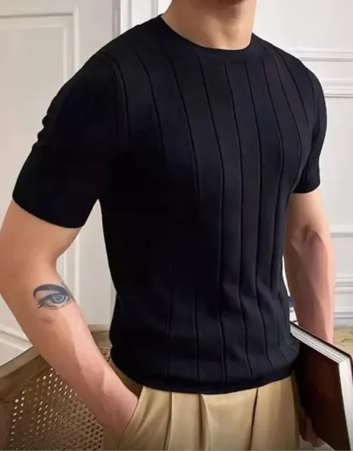 Camiseta Masculina Básica Canelada Manga Curta Tricot Modal