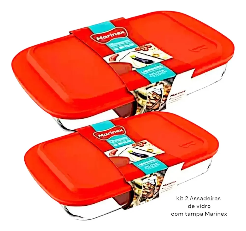 Assadeira De Vidro C Tampa Marinex Kit 2 Travessa 5l E 3.7l Vidro